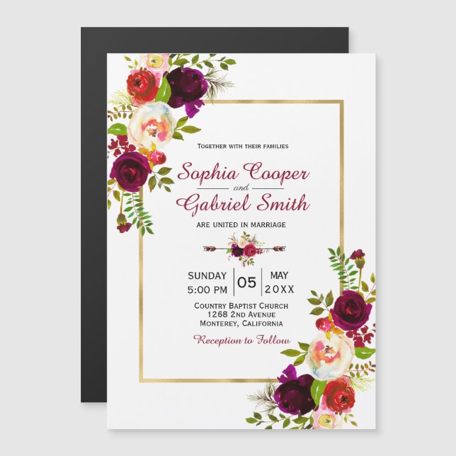 Convite Casamento Dourado Floral de Frame Moderno Chich Bu (Frente/Verso)