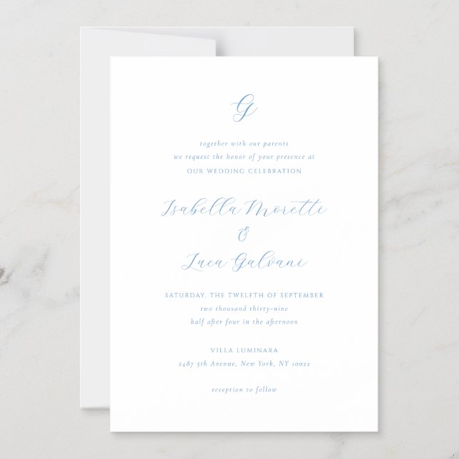 Convite Casamento Elegante Chic de Azul e Branco à Beira-M (Frente)