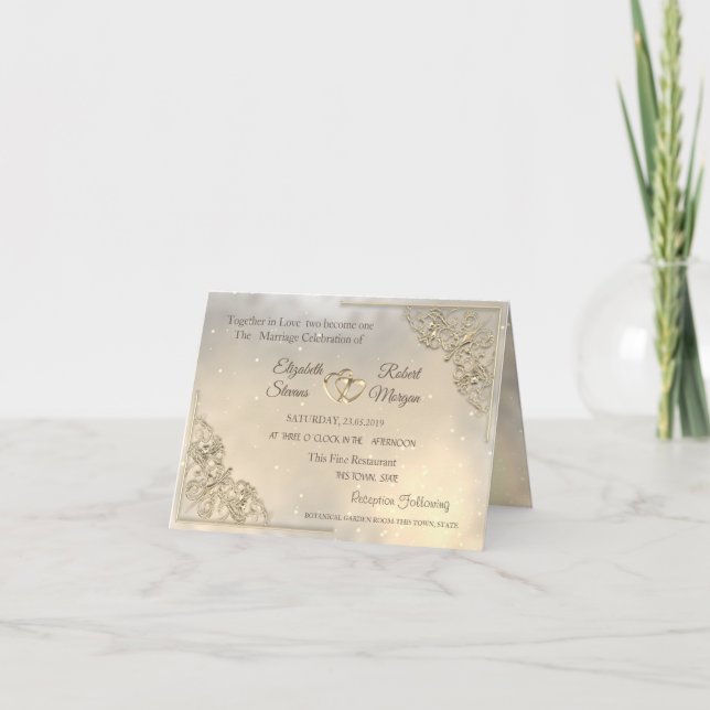 Convite Casamento Elegante Corações Dourados Chic (Frente)