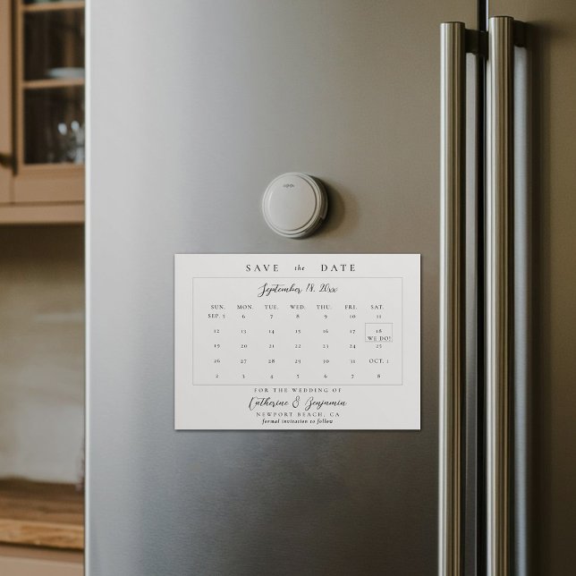 Convite Casamento Elegante de Caligrafia de Calendário Sal (wedding calendar save the date magnet modern minimalist calligraphy black white template)