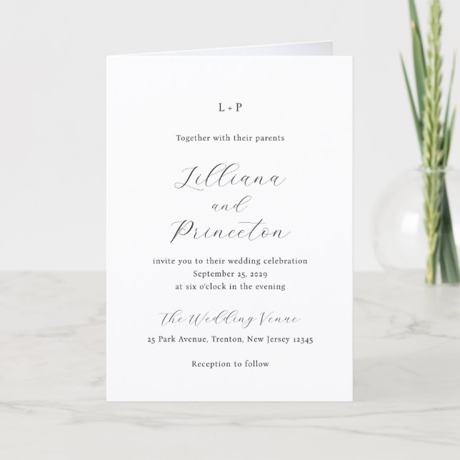Convite Casamento Elegante Monograma Preto e Branco Clássi (Frente)