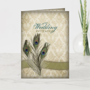 Convite casamento elegante vintage creme damasco pavão