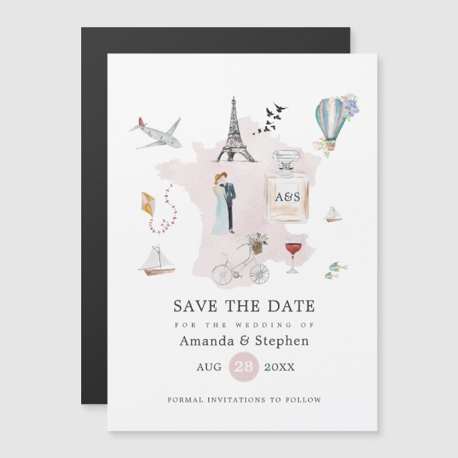 Convite Casamento em Paris com Monograma Save the Date (Frente/Verso)