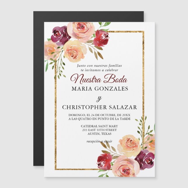 Convite Casamento Espanhol Roja Oro Flores Boda Elegante (Frente/Verso)