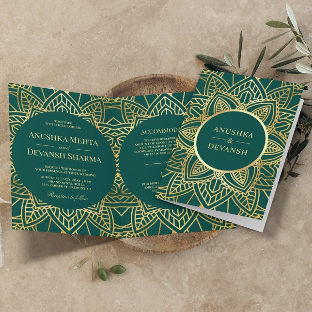 Convite Casamento étnico Dourado e Teal Mandala Indiano (Criador carregado)