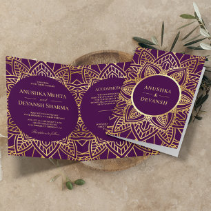 Convite Casamento Étnico Mandala Indiano Roxo e Dourado