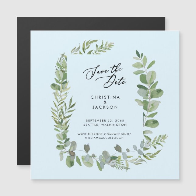 Convite Casamento Eucalipto Save the Date Azul Gelo (Frente/Verso)