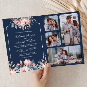 Convite Casamento Floral Azul e Rosa com Código QR Navy