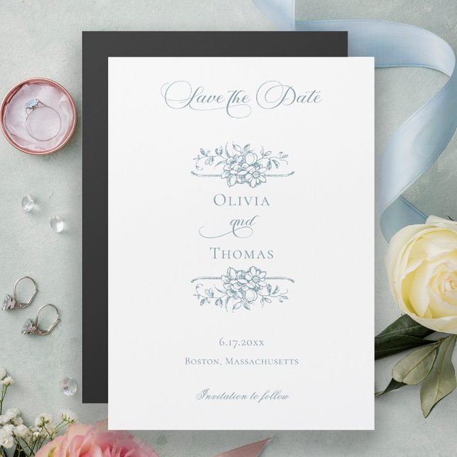 Convite Casamento Floral Azul Empoeirado Salve a Data (Criador carregado)