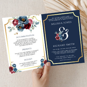 Convite Casamento Floral Azul Marinho e Borgonha Ampersand