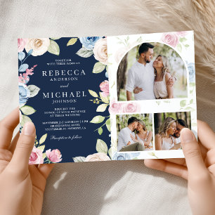 Convite Casamento Floral Azul Naval Código QR Primavera Su