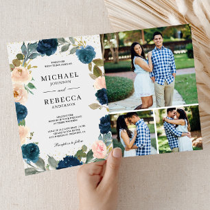 Convite Casamento Floral Azul Naval e Pêssego em Tudo em U