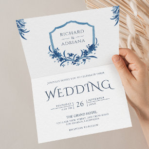 Convite Casamento Floral Azul Rústico Vintage com Código Q