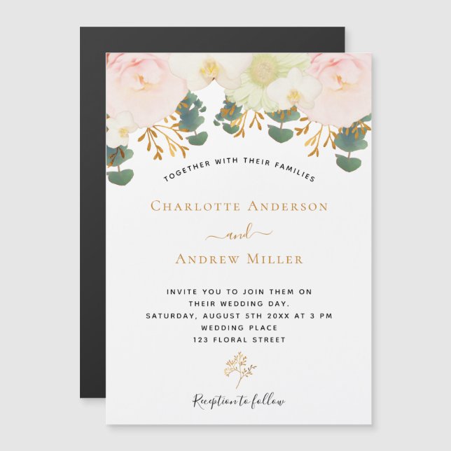 Convite Casamento floral branco rosa dourado folhagem (Frente/Verso)