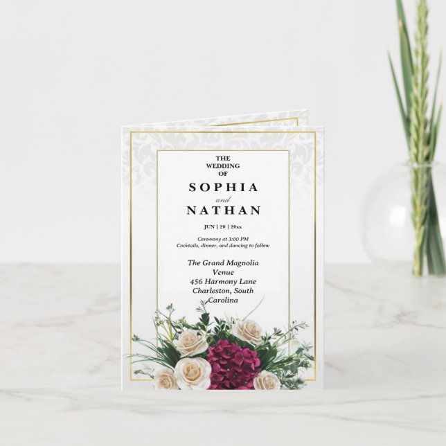 Convite Casamento Floral Clássico de Quadro Dourado Elegan (Frente)
