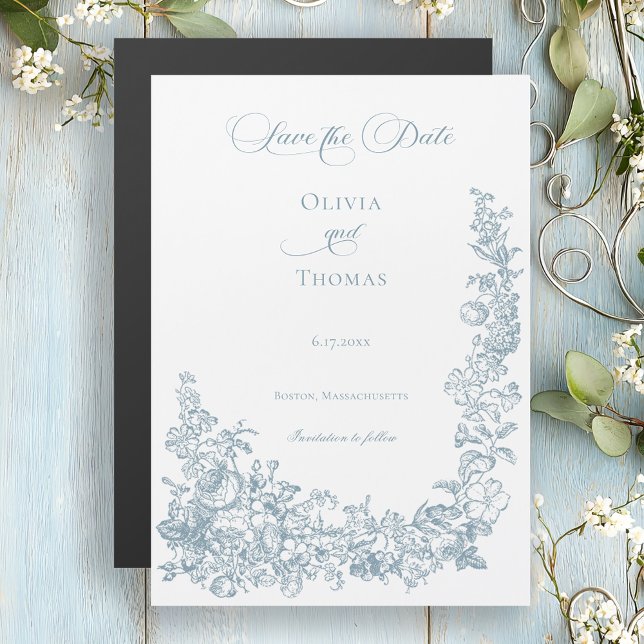 Convite Casamento Floral de Arte Linear Azul Poético (Criador carregado)