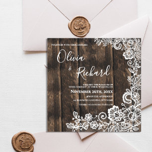 Convite Casamento Floral de Madeira Rústica e Renda Branca