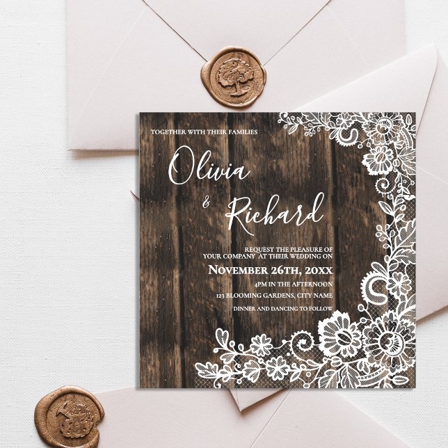 Convite Casamento Floral de Madeira Rústica e Renda Branca (Rustic Wood and White Lace Floral Wedding Magnetic Invitation)