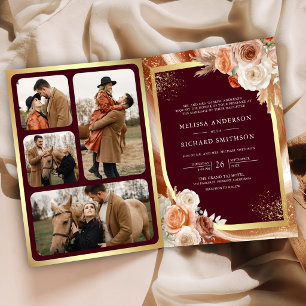 Convite Casamento Floral de Terracota Pampas Dourado Burgu