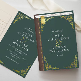 Convite Casamento Floral Dourado Livro Verde Vintage Dobra