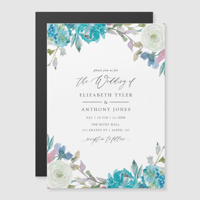 Convite Casamento Floral Dusty Blue e Turquoise (Frente/Verso)