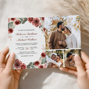 Convite Casamento Floral em Marsala com Colagem de Fotos e