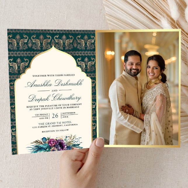 Convite Casamento Floral Indiano De Ivory Teal Peacock (Criador carregado)