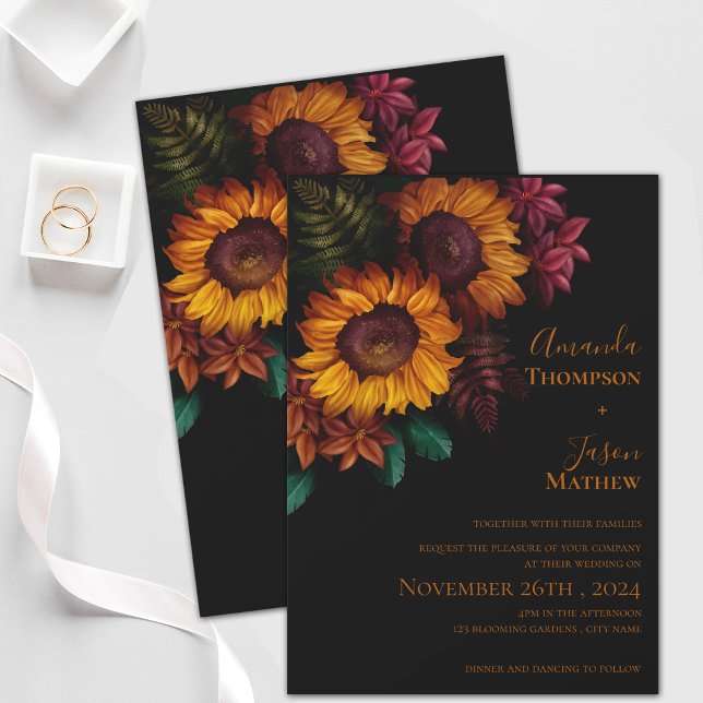 Convite Casamento Floral Laranja Arrejado Moderno e Vibran (Modern Vibrant Black Burnt Orange Floral Wedding Magnetic Invitation)