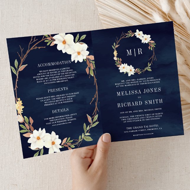 Convite Casamento Floral Magnólia Branco Rústico Código QR (Criador carregado)