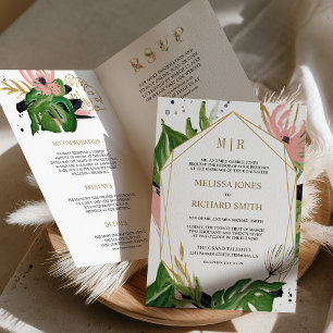 Convite Casamento Floral Rosa Código QR Tropical Gold