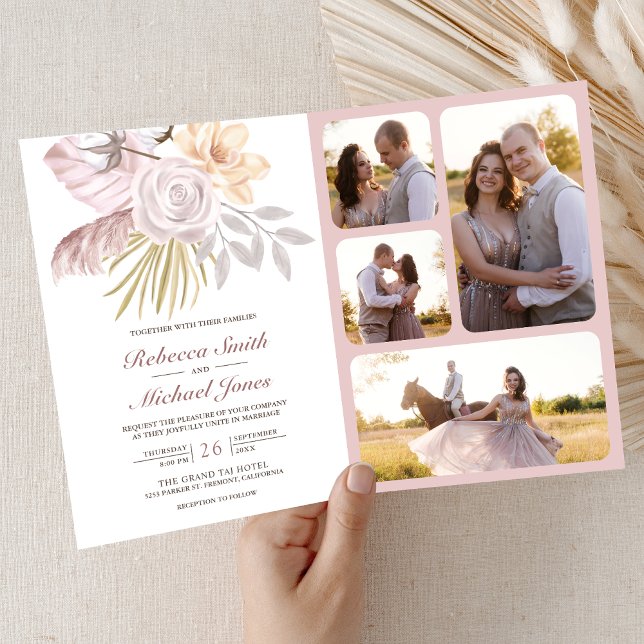 Convite Casamento Floral Rosa Poeira Rústico Código QR (Criador carregado)