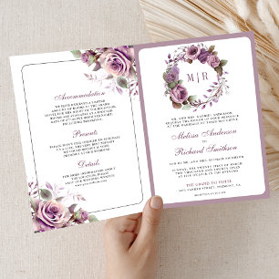 Convite Casamento Floral Roxo Empoeirado Rústico Código QR