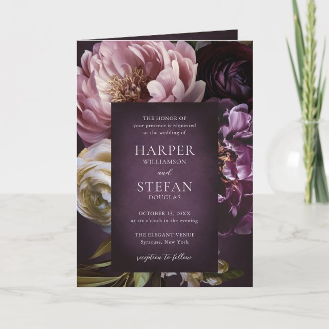 Convite Casamento Floral Roxo Maximalista Elegante (Frente)