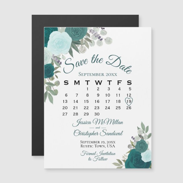 Convite Casamento Floral Rustic Teal Salva o Calendário de (Frente/Verso)