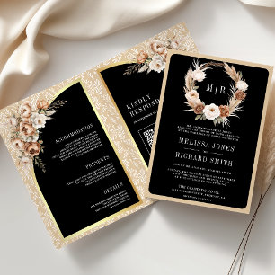 Convite Casamento Floral Terroso Bege Pampas Preto