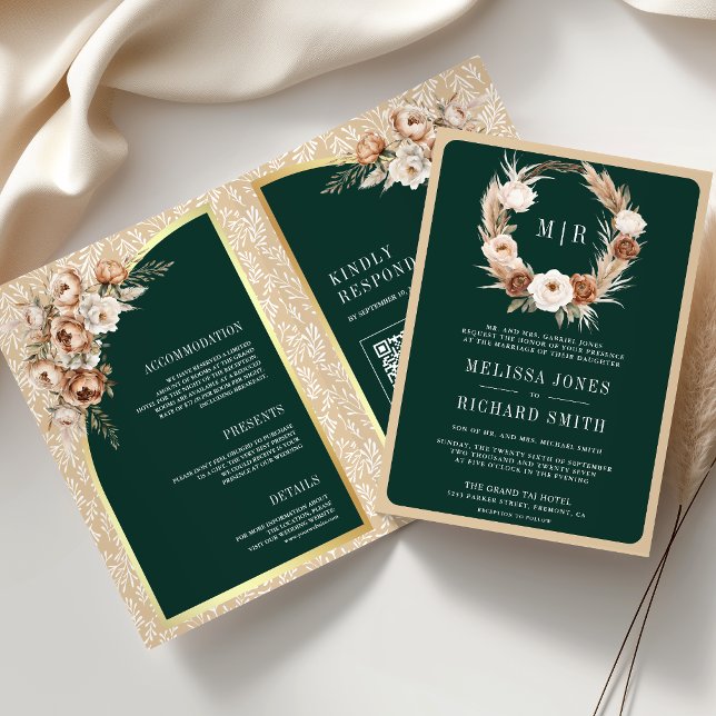 Convite Casamento Floral Terroso Esmeralda Verde Bege Pamp (Criador carregado)