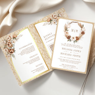 Convite Casamento Floral Terroso Neutro Bege Boho Pampas