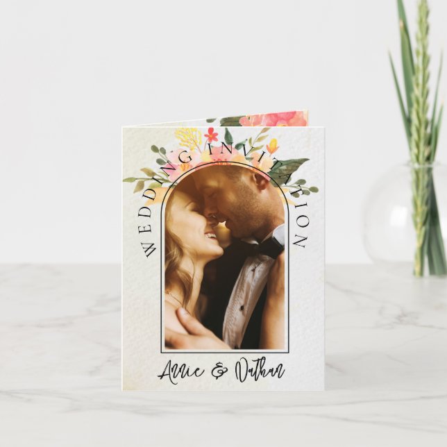 Convite Casamento Fotográfico de Script Floral 2 Romântico (Frente)