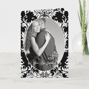 Convite Casamento Fotográfico Floral Preto e Branco Bi-dob
