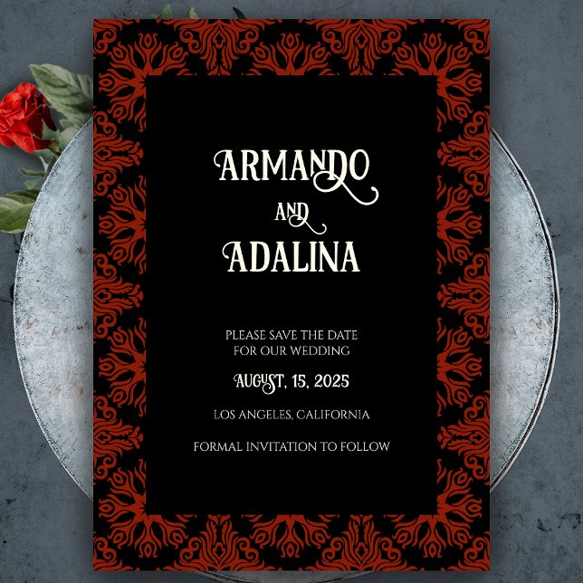 Convite Casamento Gótico Floral Negro e Vermelho Salvar a  (Black and Red Floral Gothic Wedding Save the Date Magnetic Invitation)