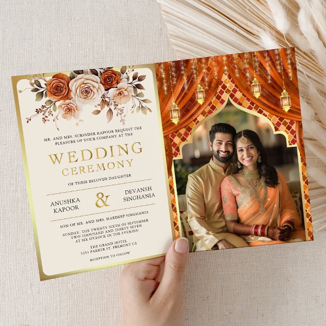 Convite Casamento Hindu Indiano Da Cortina Floral Laranja  (Criador carregado)