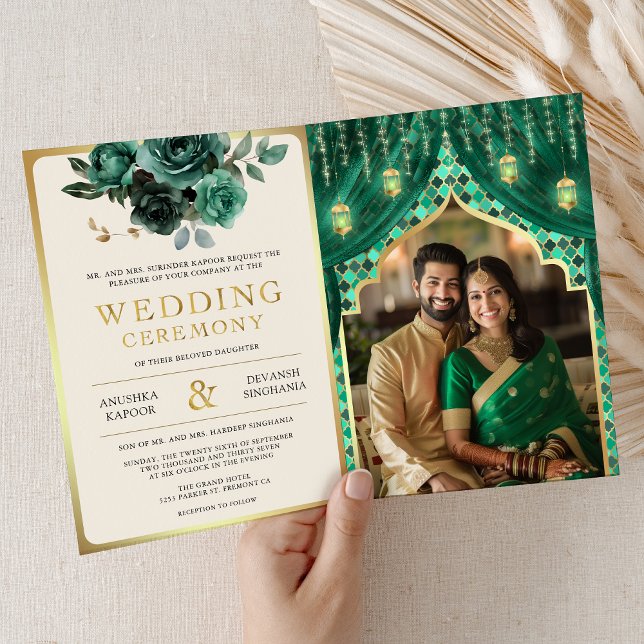 Convite Casamento Hindu Indiano de Cortina Floral Dourada  (Criador carregado)
