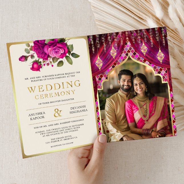 Convite Casamento Hindu Indiano de Cortina Floral Dourada  (Criador carregado)