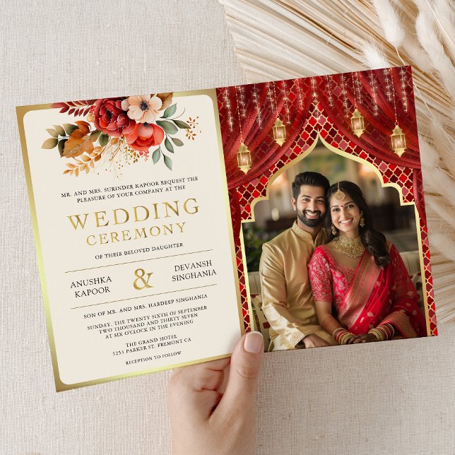 Convite Casamento Hindu Indiano Dourado Vermelho Cortina F (Criador carregado)