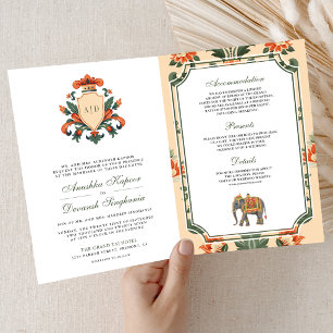 Convite Casamento Hindu Indiano Elefante Real Crest Vintag
