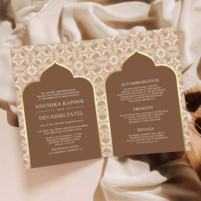 Convite Casamento Indiano Bege Marrom Padrão Tudo em Um (Criador carregado)