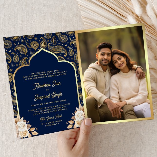 Convite Casamento Indiano Código QR Floral Paisley Azul Do (Inside)