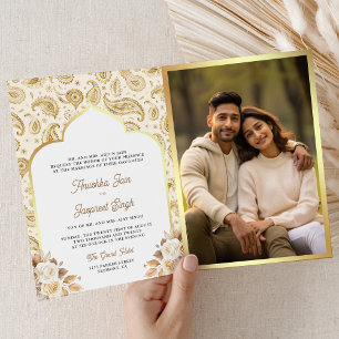 Convite Casamento Indiano Código QR Floral Paisley Dourado