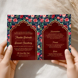 Convite Casamento Indiano de Rosas Vermelhas em Azul Naval