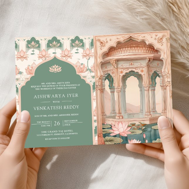 Convite Casamento Indiano do Lago de Lótus Rosa Bege Paste (Criador carregado)